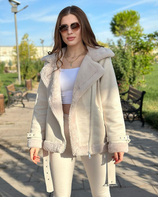 Chic Ivory Fleece-Lined Leather Jacket